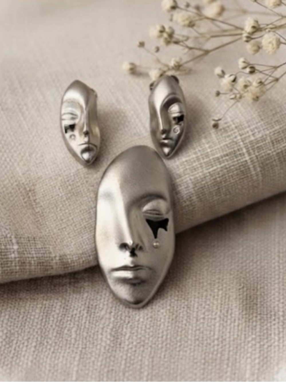Vintage Silver Tone Sculpted Half Face Mask Brooch & Clip Earrings Set